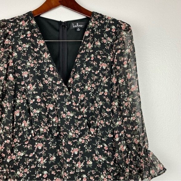 Lulu's Estella Chiffon Black Floral Print Ruched Ruffled Hem Mini Dress Size S - Picture 4 of 10